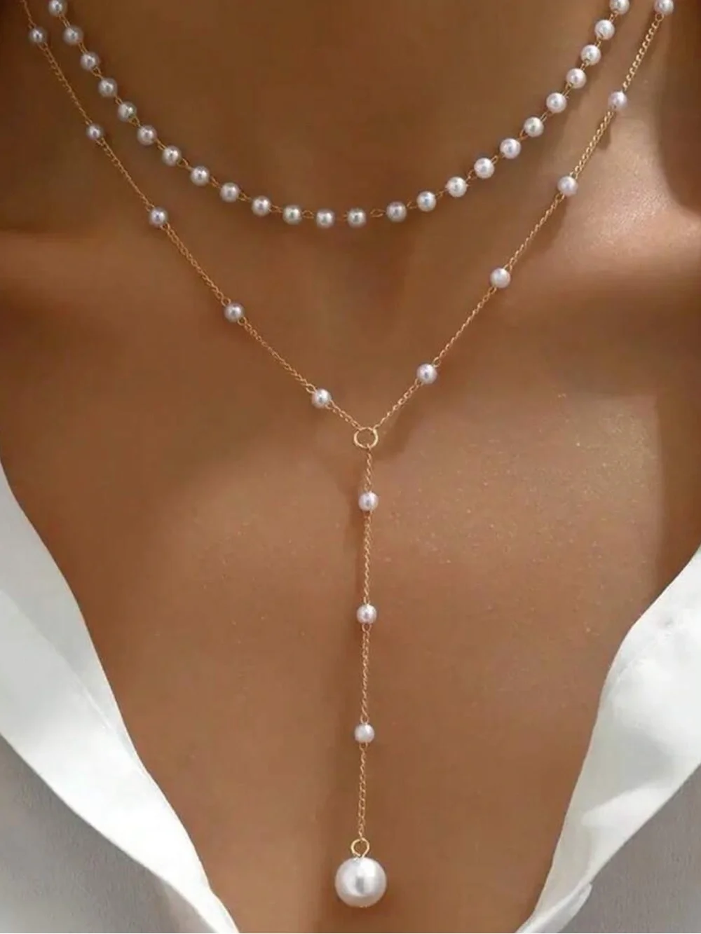 Gold and White Pearl Layered Y-Drop Necklace